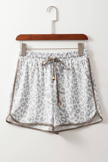 Leopard Elastic Waistband Lace up Contrast Trim Casual Shorts