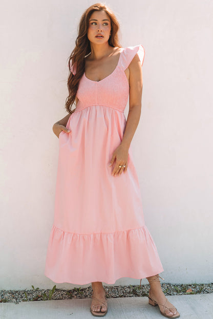 V Neck Flutter Sleeve Smocked Bodice High Waist Ruffle Maxi Dress