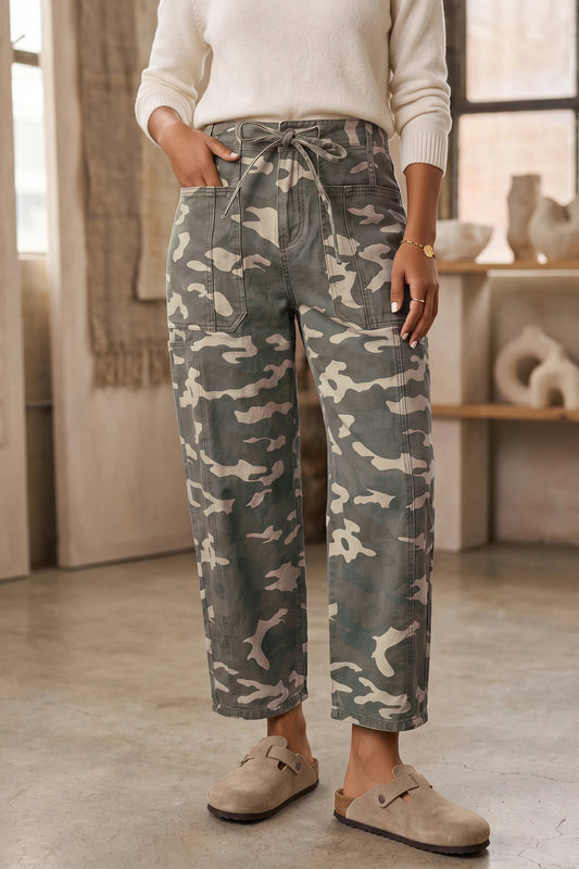 Printed Drawstring Elastic Waistband Pocketed Barrel Jeans