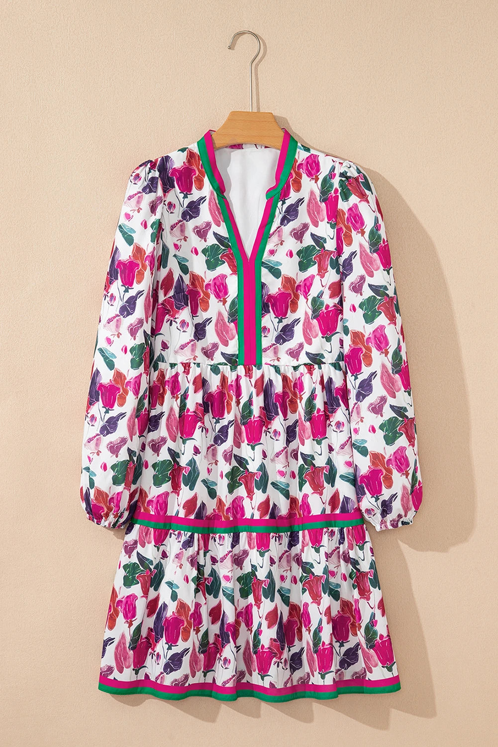 Purple Floral Print Contrast Striped Detail Long Sleeve Mini Dress