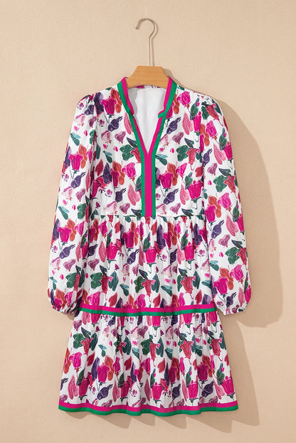 Purple Floral Print Contrast Striped Detail Long Sleeve Mini Dress