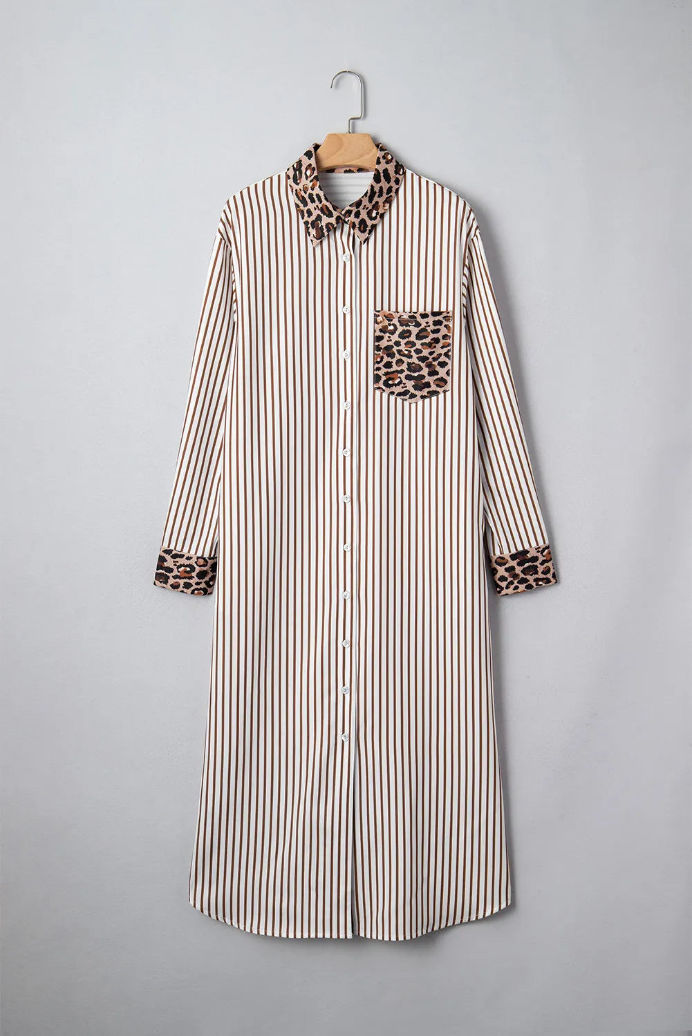 Brown Stripe Contrast Leopard Patchwork Long Shirt Dress with Slits