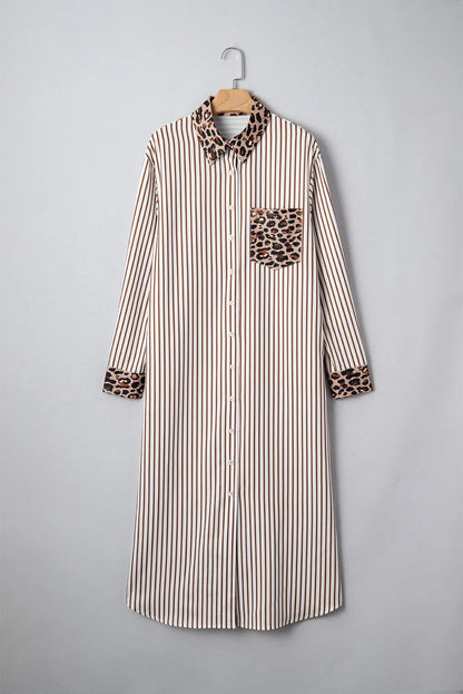 Brown Stripe Contrast Leopard Patchwork Long Shirt Dress with Slits