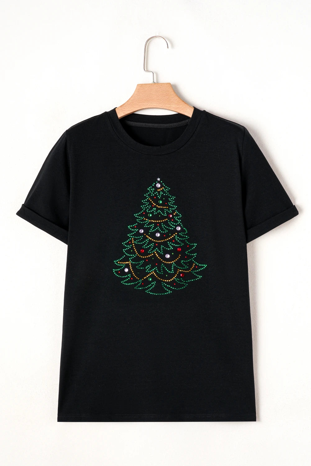 Black Rhinestone Christmas Tree Round Neck Graphic Tee