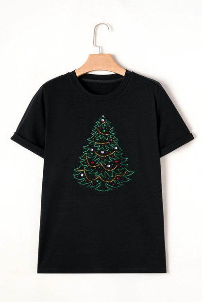 Black Rhinestone Christmas Tree Round Neck Graphic Tee