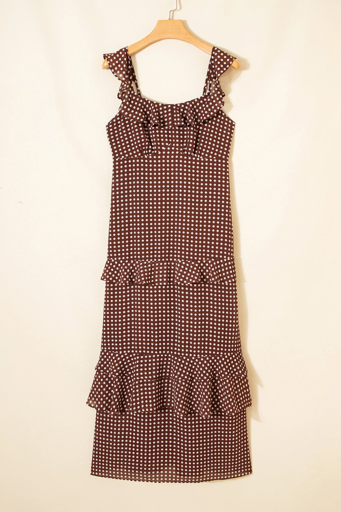 Coffee Polka Dot Print Backless Ruffled Tiered Maxi Dress