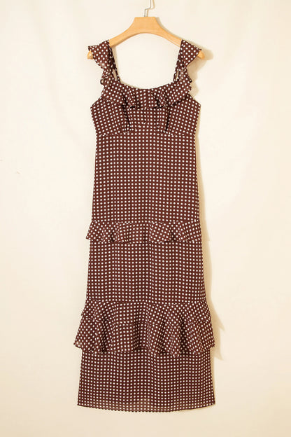 Coffee Polka Dot Print Backless Ruffled Tiered Maxi Dress