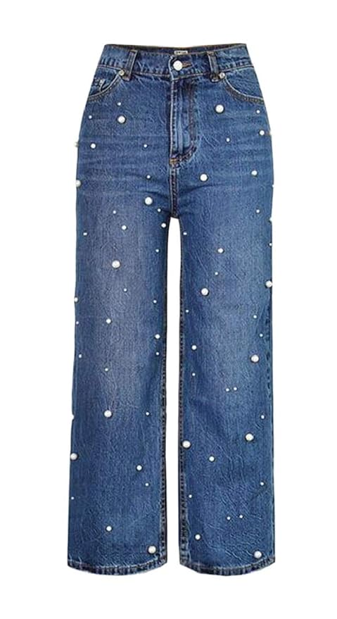 High waist straight loose wide leg pearl studded flared jeans