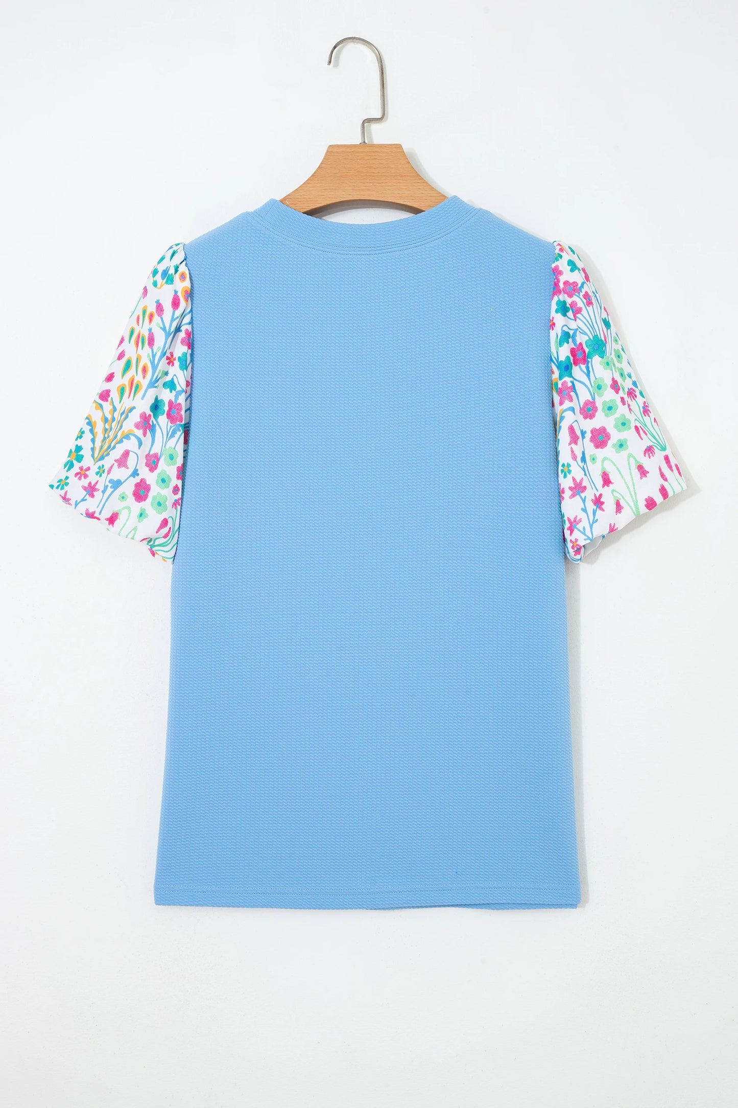 Light Blue Round Neck Textured Contrast Floral Bubble Sleeve Blouse