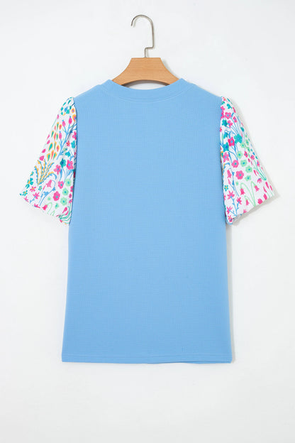 Light Blue Round Neck Textured Contrast Floral Bubble Sleeve Blouse