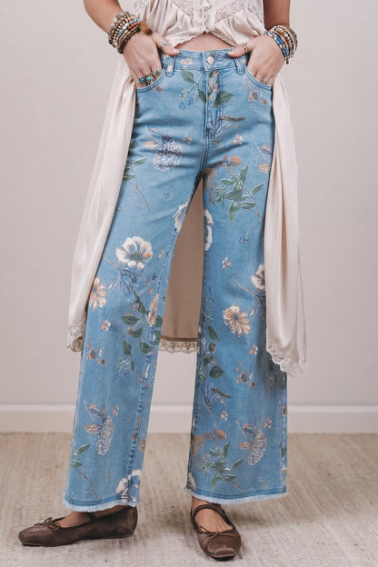 Sky Blue Retro Floral Print Frayed Hem Shift Jeans