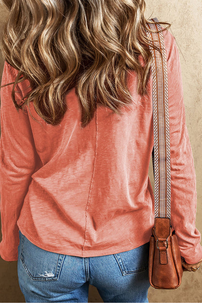 Salmon Floral Patchwork V Neck Long Sleeve T Shirt