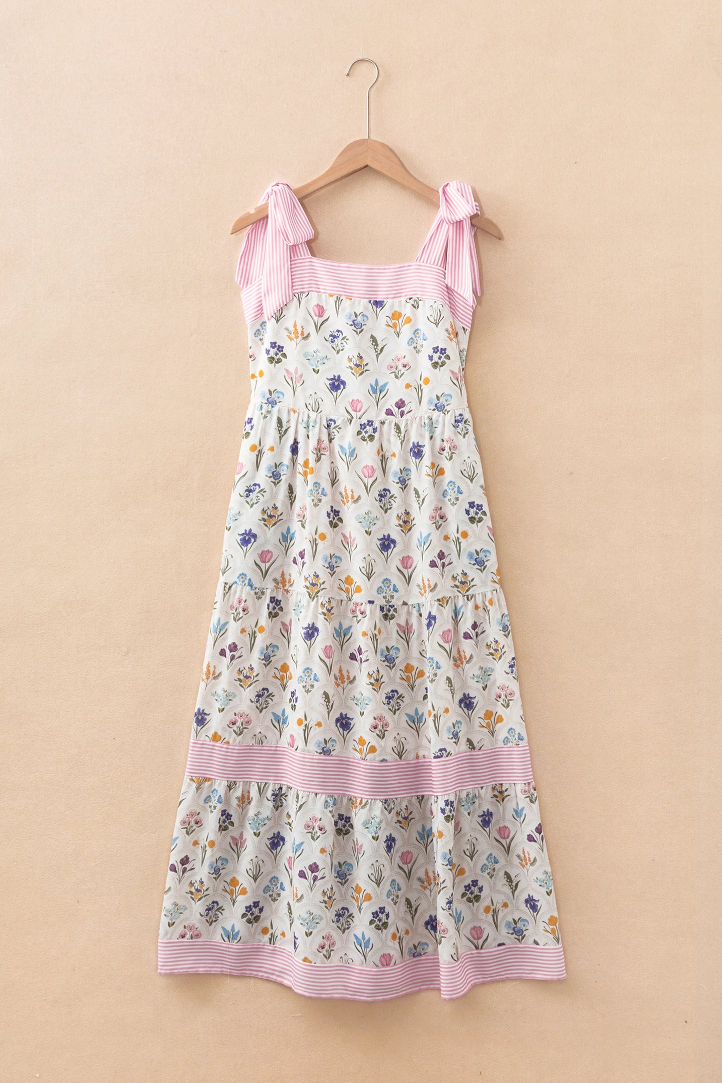 Multicolour Floral Print Striped Detail Knot Straps Maxi Dress