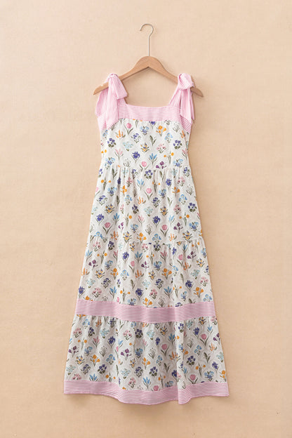 Multicolour Floral Print Striped Detail Knot Straps Maxi Dress