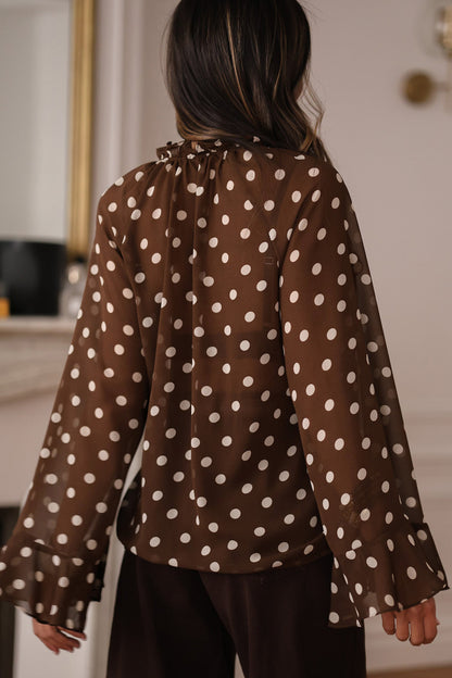 Coffee Polka Dot Print Ruffle Trim V Neck Long Bell Sleeve Blouse
