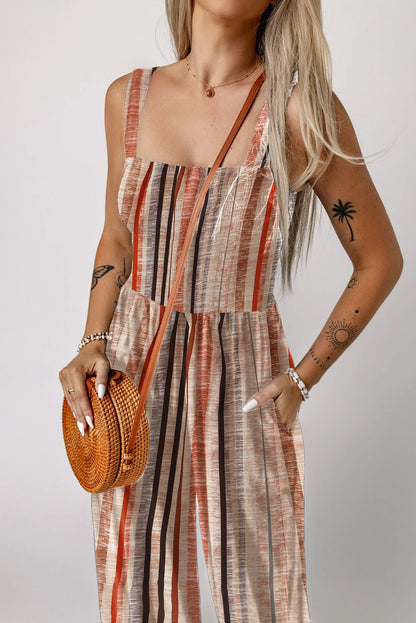 Yellow Stripe Square Neck Sleeveless Smocked Bodice Wide Leg Jumpsuit