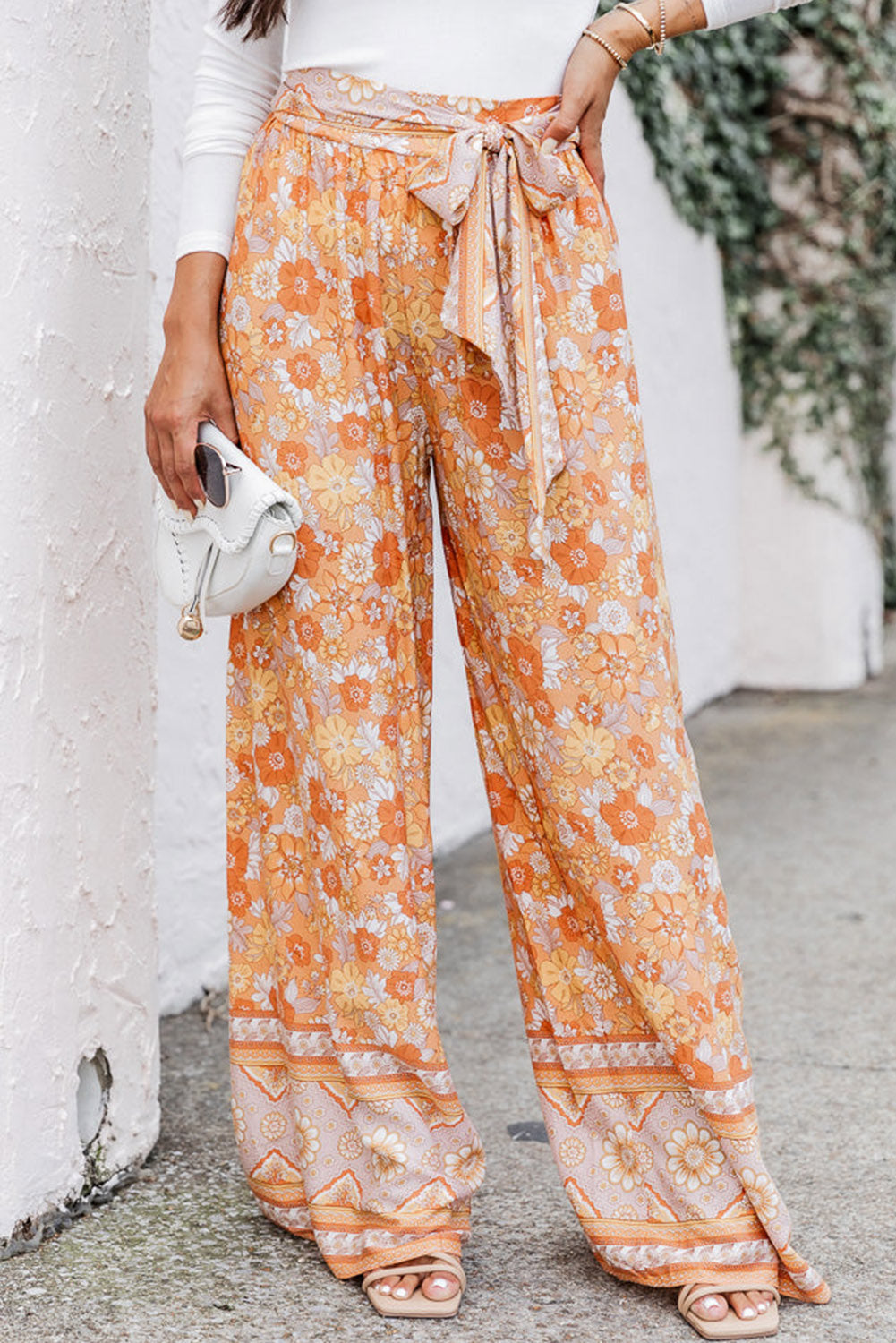 Grapefruit Orange Tie Waist Boho Floral Wide Leg Pants - The