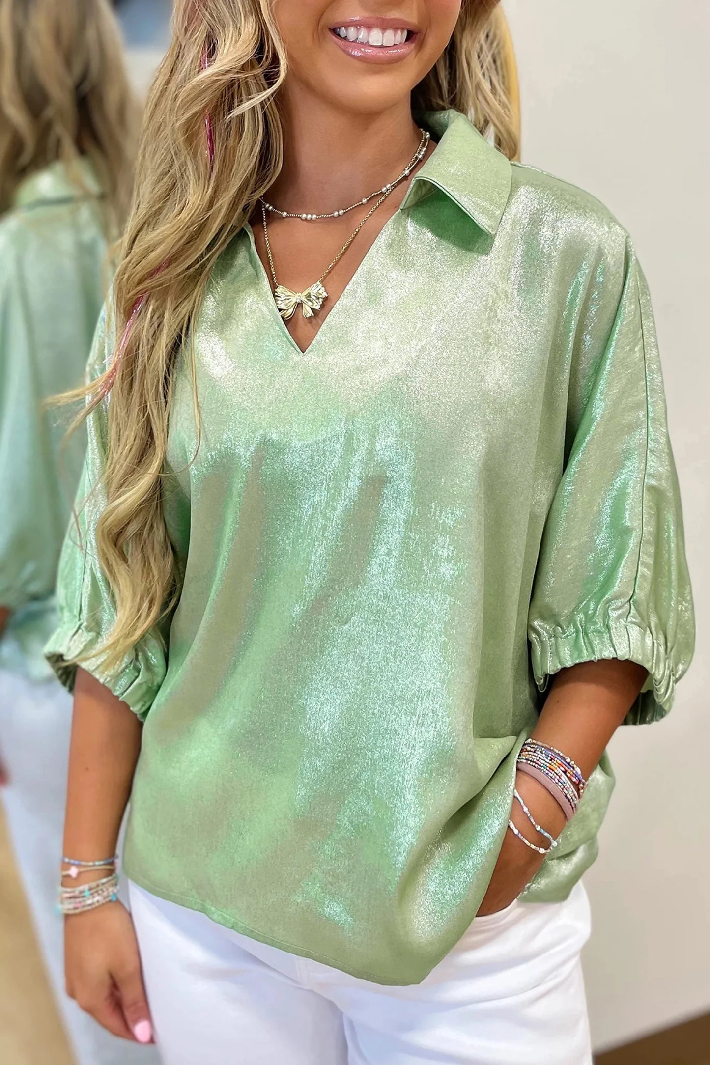 Collared V Neck Half Sleeve Metallic Top