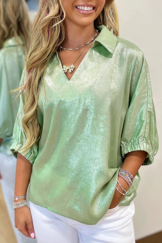 Collared V Neck Half Sleeve Metallic Top