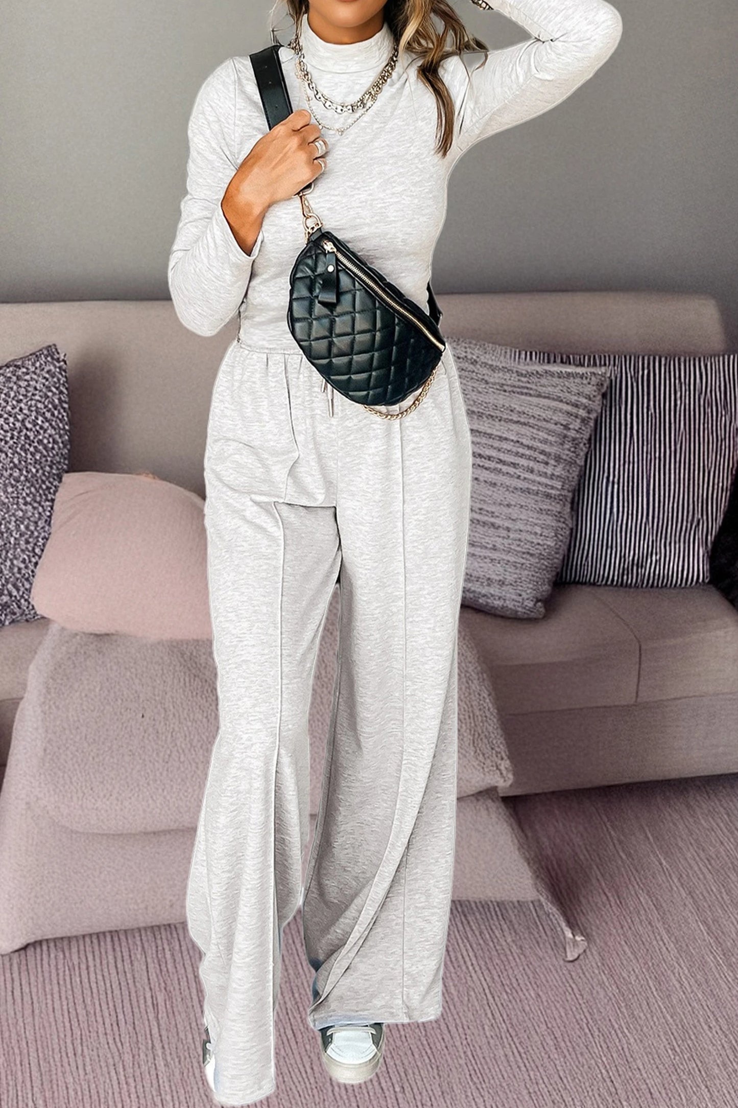 Light Grey Long Sleeve High Neck Slim Top Smocked Waist Central Seam Pants Set