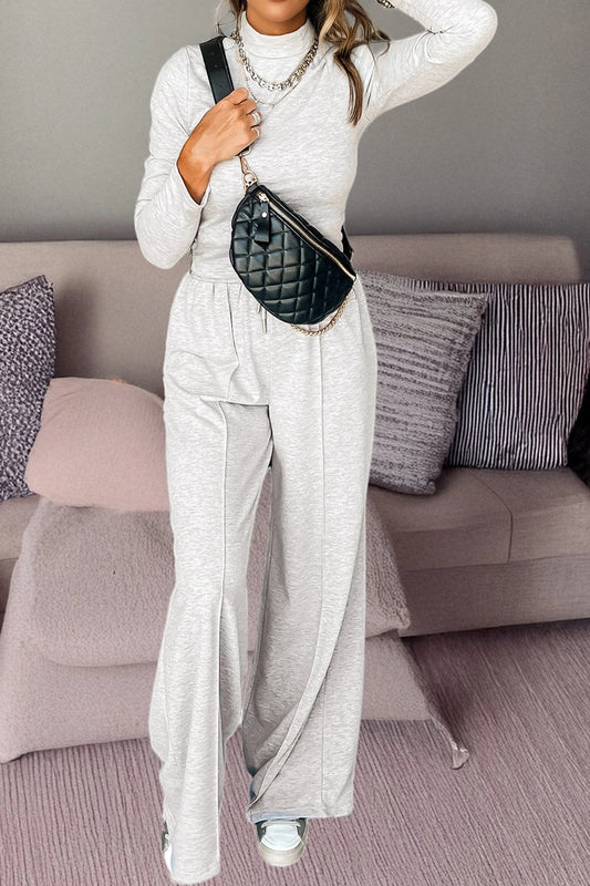 Light Grey Long Sleeve High Neck Slim Top Smocked Waist Central Seam Pants Set