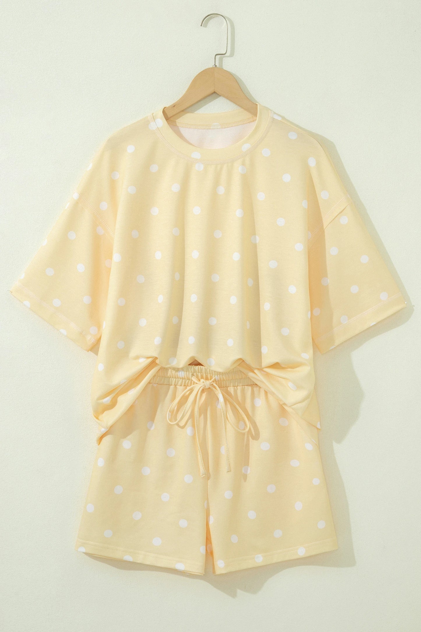 Polka Dot Short Sleeve Loose Top Drawstring Shorts Set