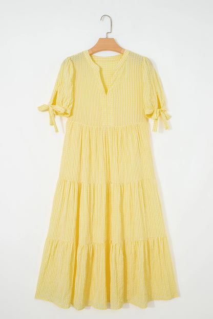 Gingham Textured Bow Tie Short Sleeve Tiered Midi Dress