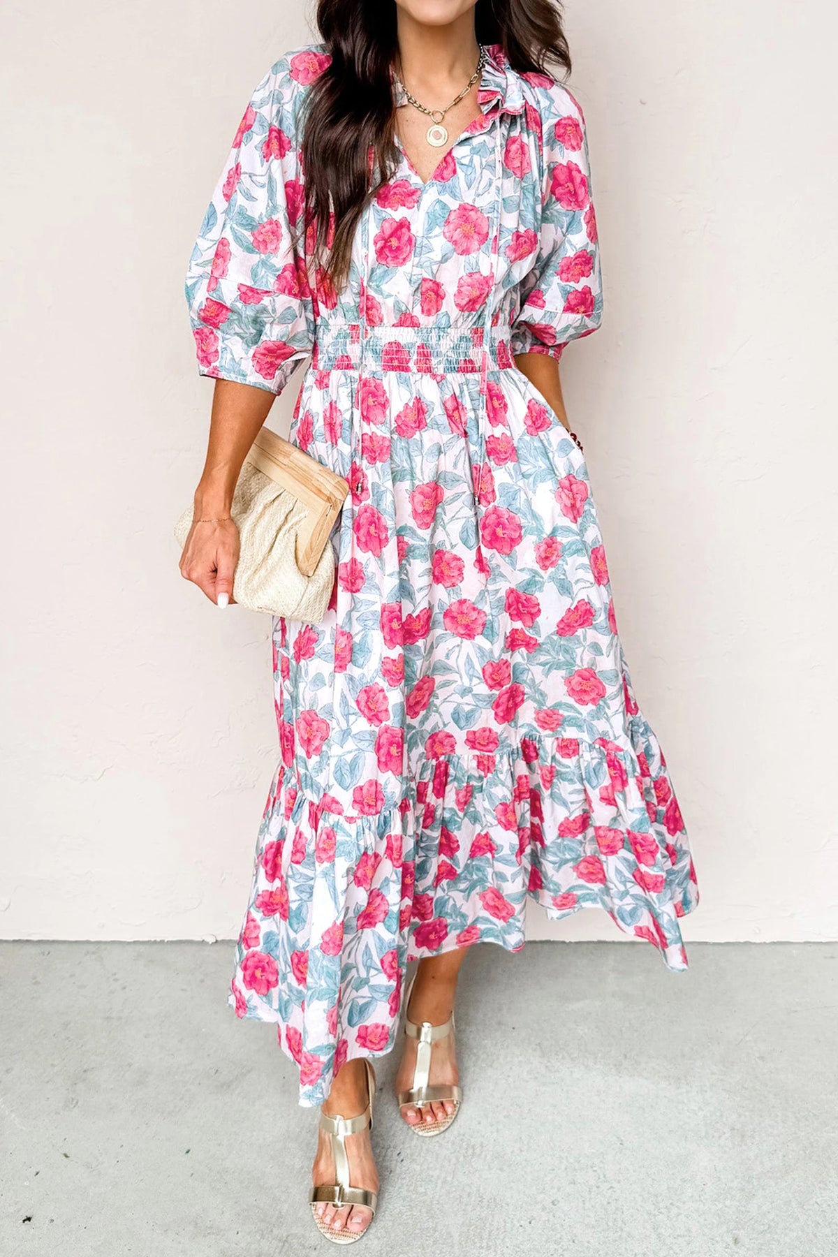 Red Elegant Floral Puff Sleeve Midi Dress