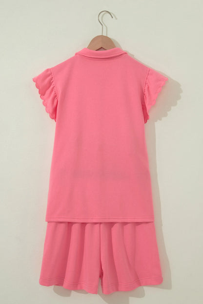 Coral Paradise Half Zipped Ruffled Short Set