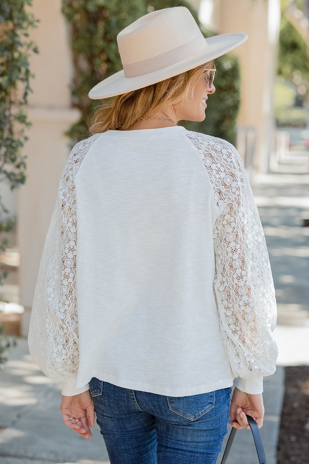 White Lace Sleeve Raglan Ribbed Top