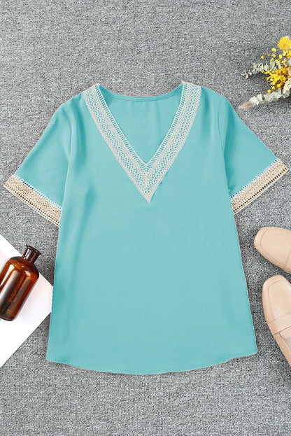 Lace Trim V Neck Short Sleeve Blouse