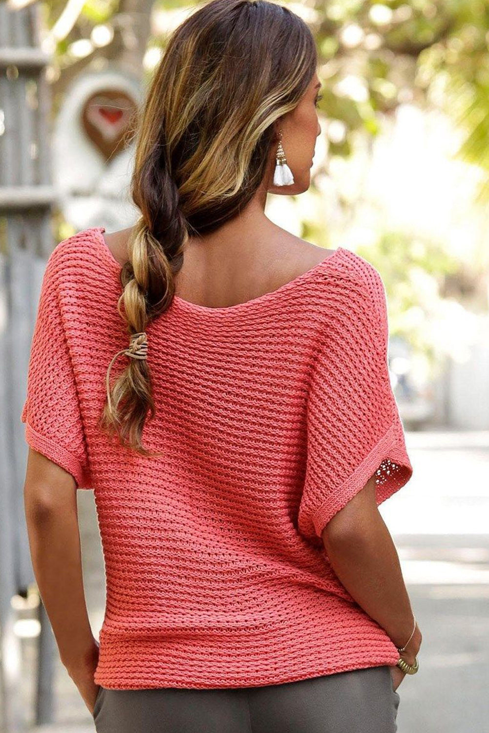 Red Clay Solid Loose Knit Short Dolman Sleeve Sweater