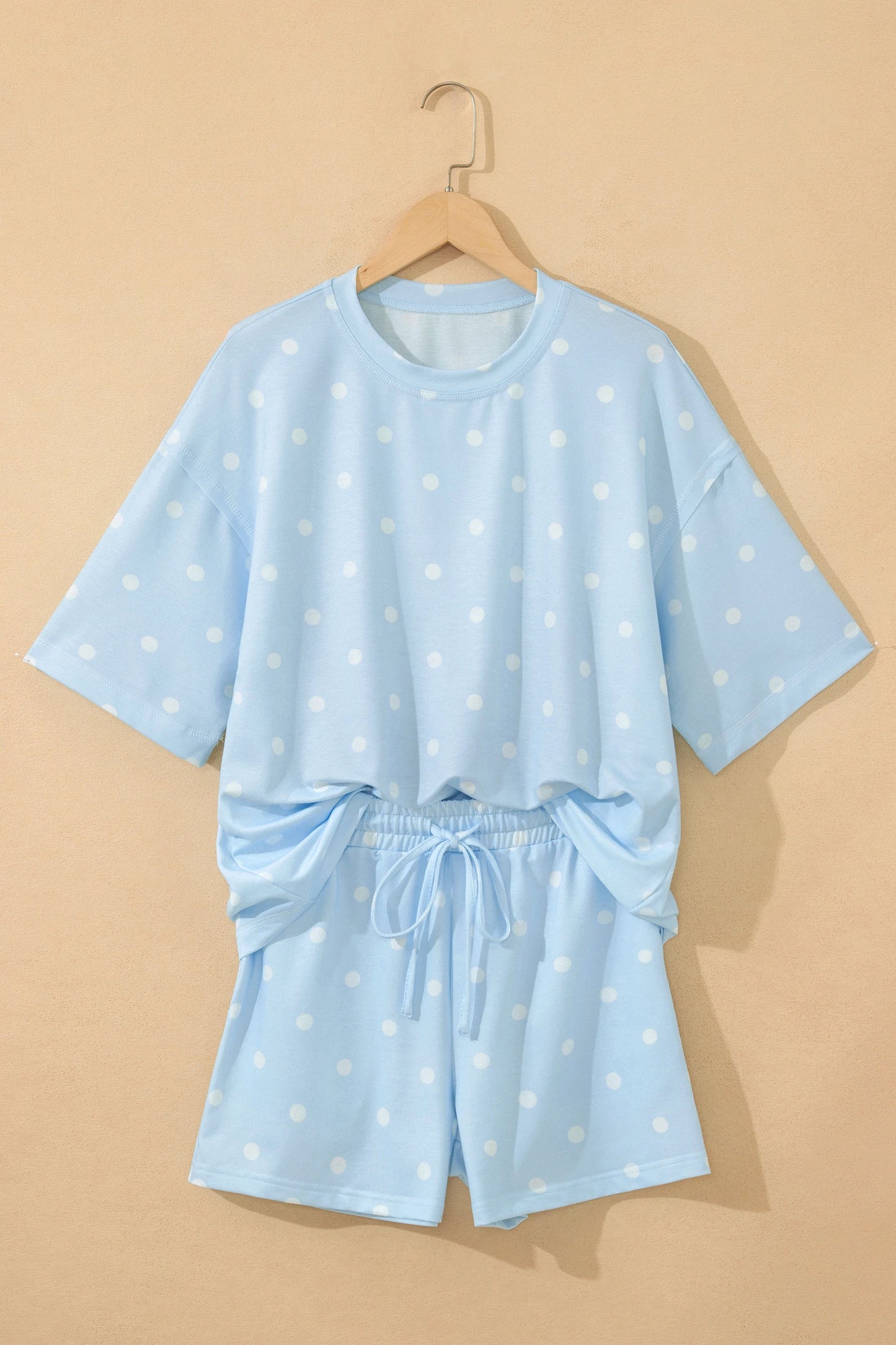 Polka Dot Short Sleeve Loose Top Drawstring Shorts Set