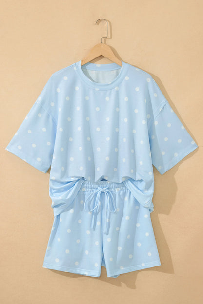 Polka Dot Short Sleeve Loose Top Drawstring Shorts Set