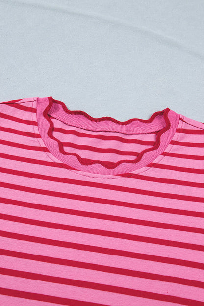 Rose Stripe Striped Short Sleeve Scalloped Trim Side Slit T-Shirt Dress