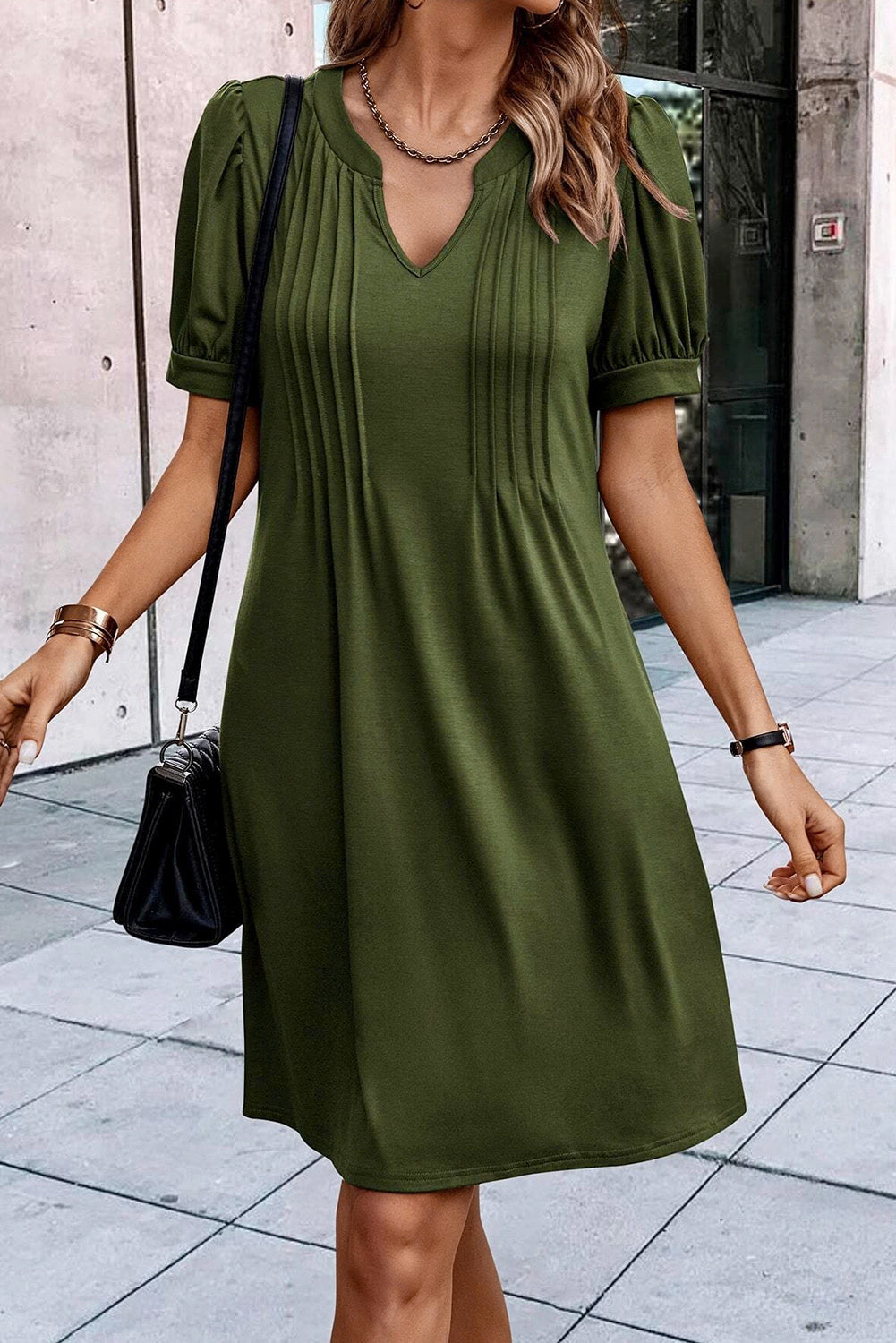 Notched Neck Pleated Puff Sleeve Shift T-shirt Dress