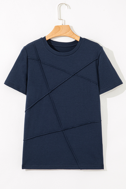 Solid Color Toothpick Stripe Round Neck T Shirt
