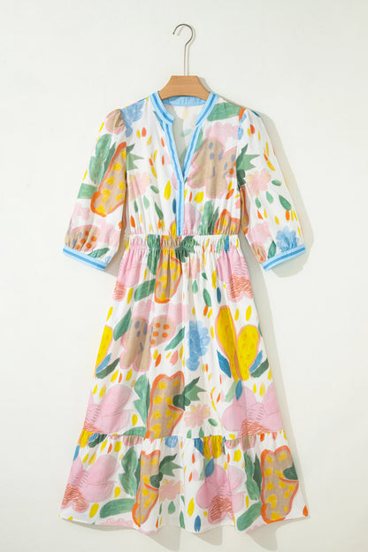 Multicolour Floral Doodle Print Striped Trim V Neck Midi Dress