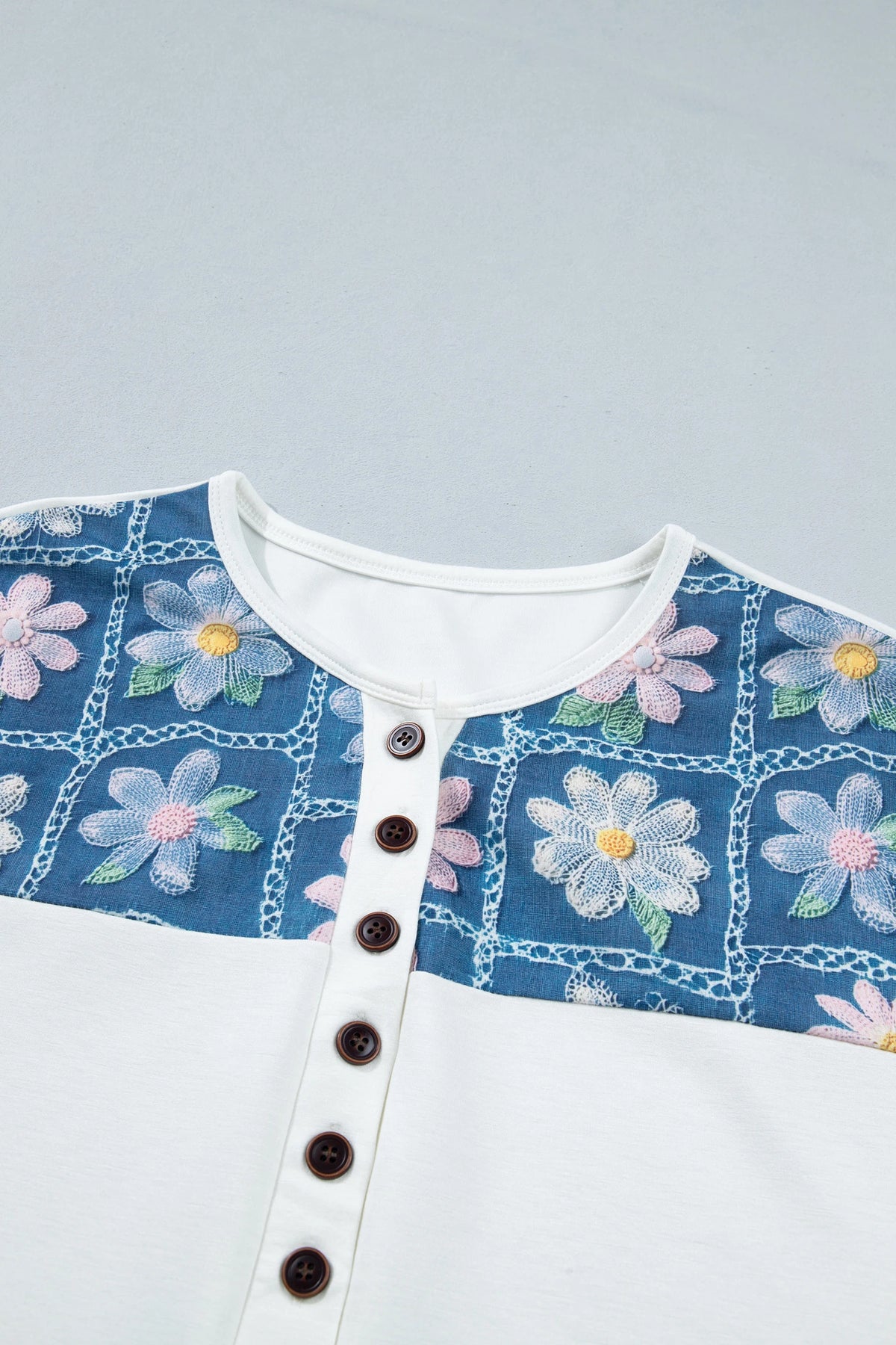 White Floral Patchwork Short Sleeve Viscose Blend Blouse