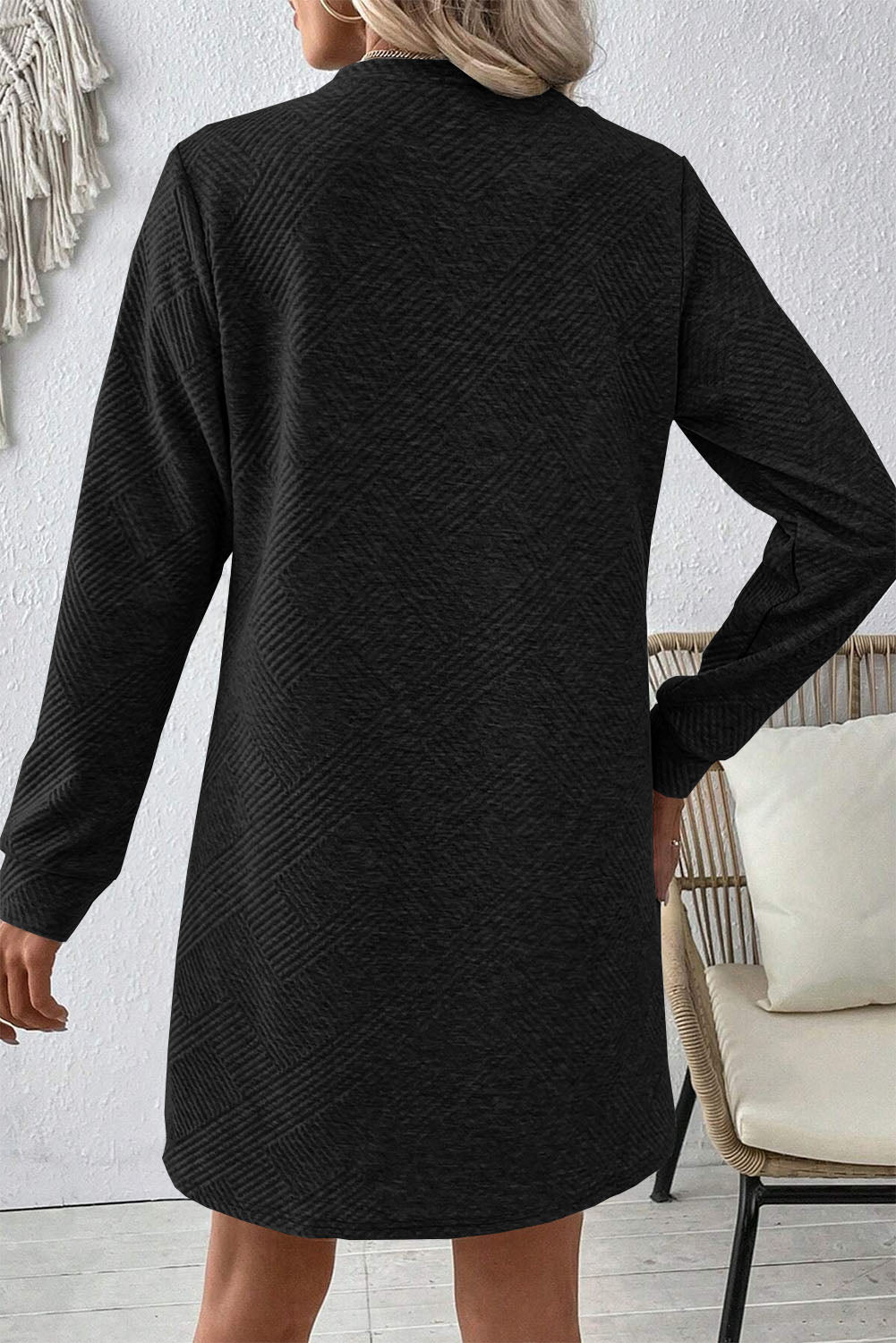 Solid Color Textured Long Sleeve Shift Dress