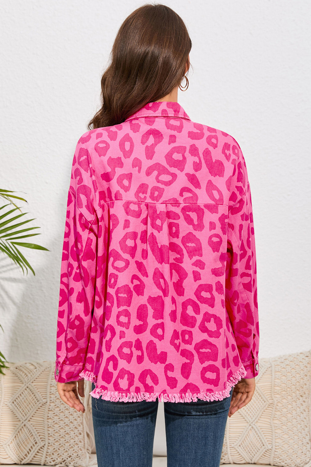 Pink Leopard Print Button Cuffs Raw Hem Jacket