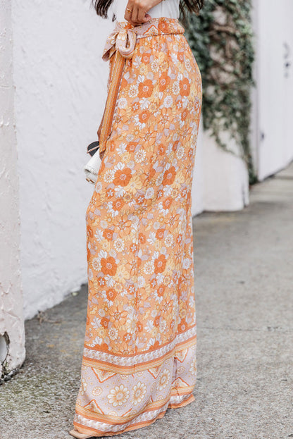 Grapefruit Orange Tie Waist Boho Floral Wide Leg Pants