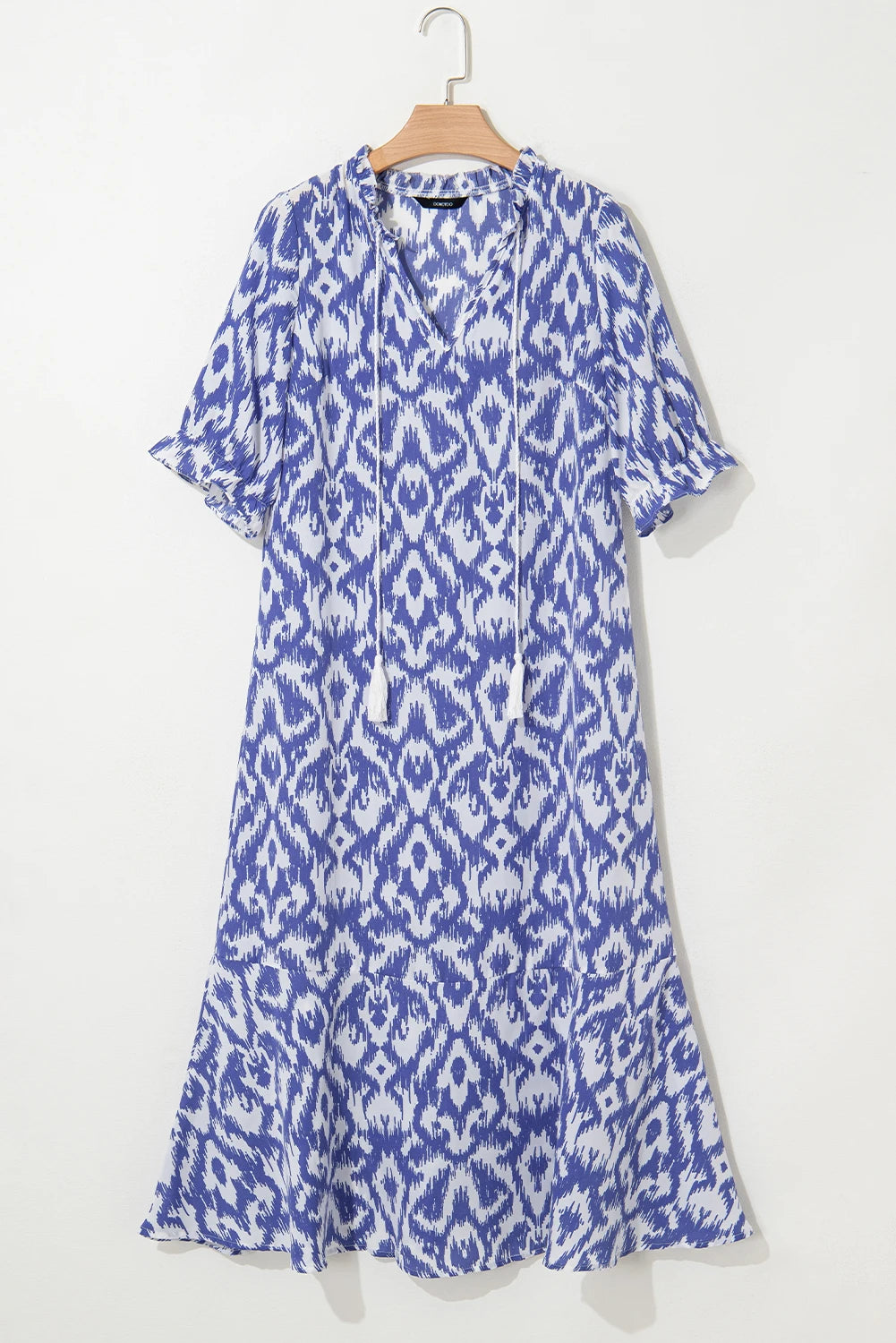 Sky Blue Geometric Print V Neck Casual Long Dress
