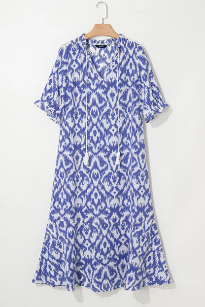 Sky Blue Geometric Print V Neck Casual Long Dress