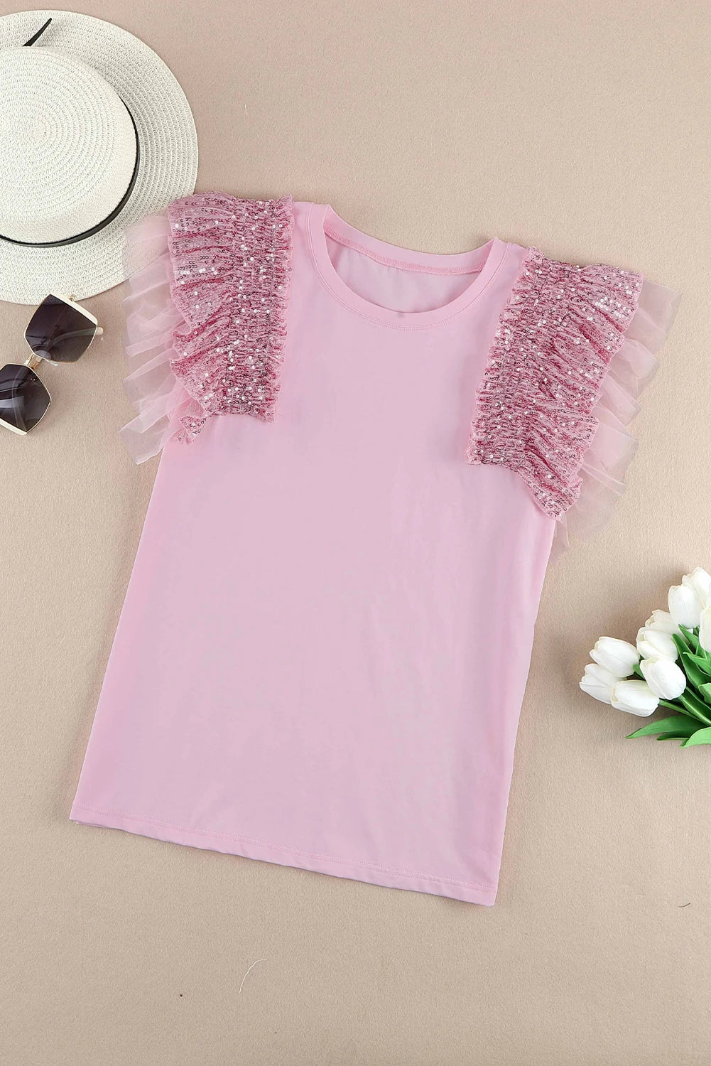Pink Sequined Ruffle Mesh Sleeves Top