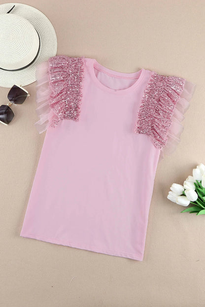 Pink Sequined Ruffle Mesh Sleeves Top