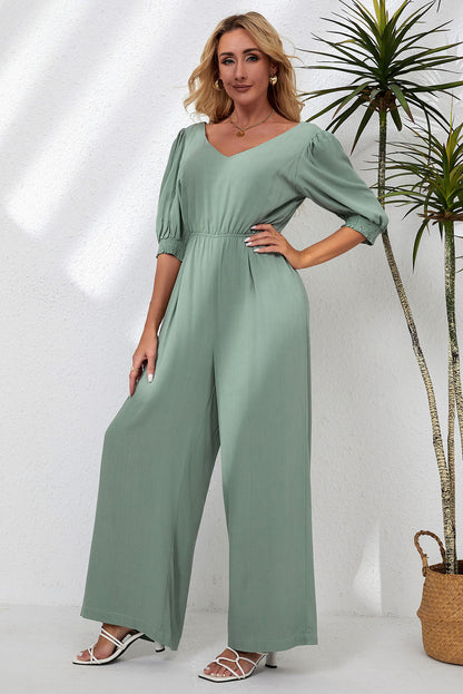 Green V Neck Puff Sleeve Hollow out Wide Leg Jumpsuit