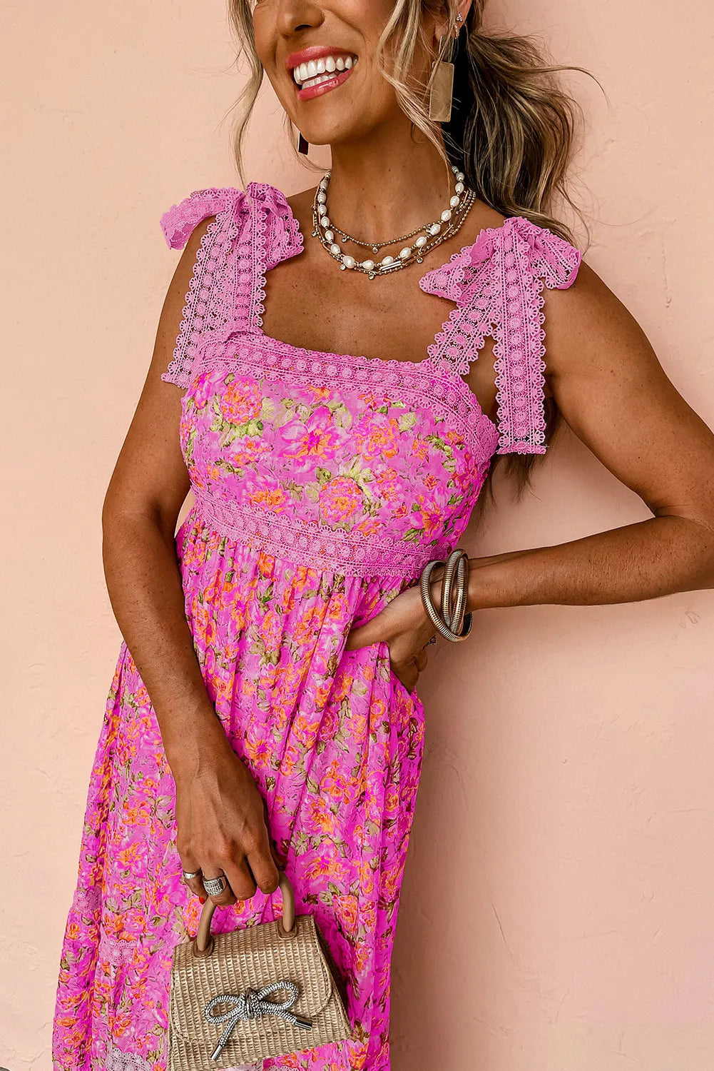 Rose Floral Lace Tied Strap Empire Waist Maxi Dress