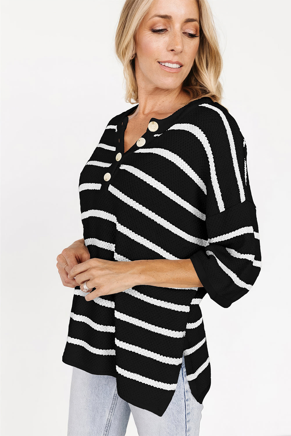 Stripe Henley Buttoned Placket Drop Shoulder Bracelet Sleeve Knit Sweater Tee