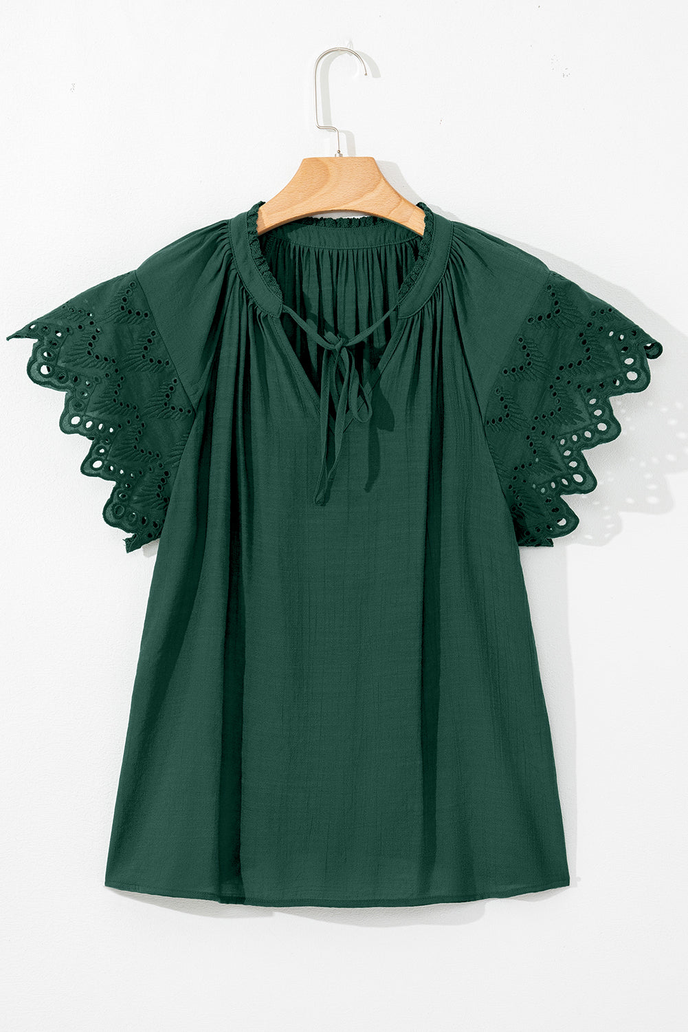 Green Bay Eyelet Embroidered Sleeve Tie V Neck Blouse